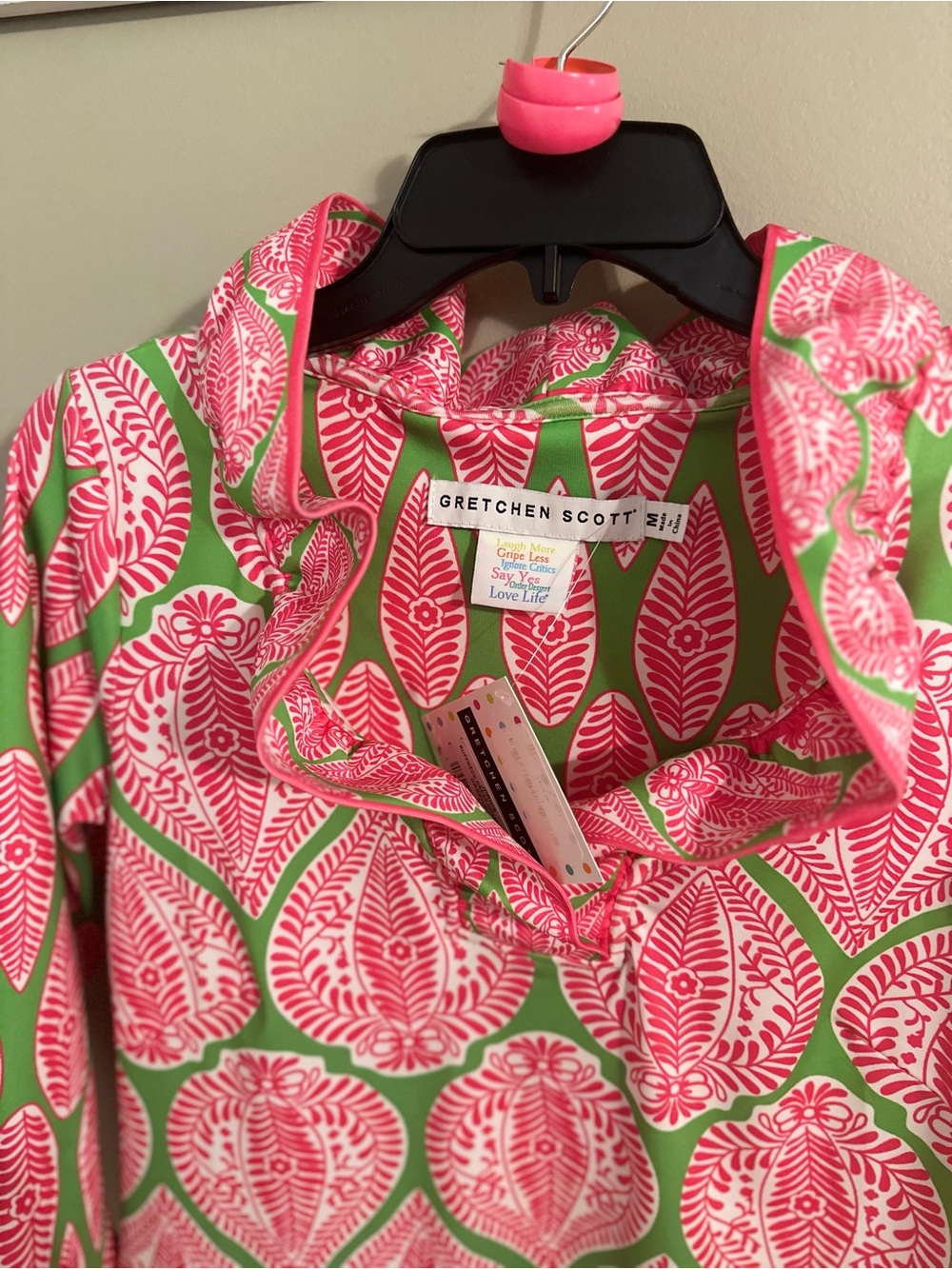 Gretchen Scott Designs Pink & Green Printed Ruffle-Neck Midi Dress - Picture 2 of 4
